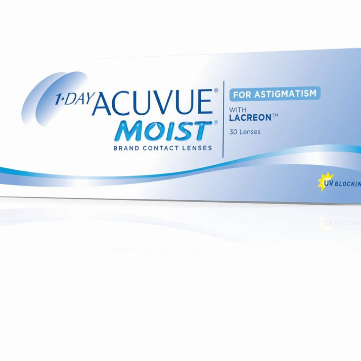 Caja de lentes de contacto 1-Day Acuvue Moist para astigmatismo, 30 unidades.